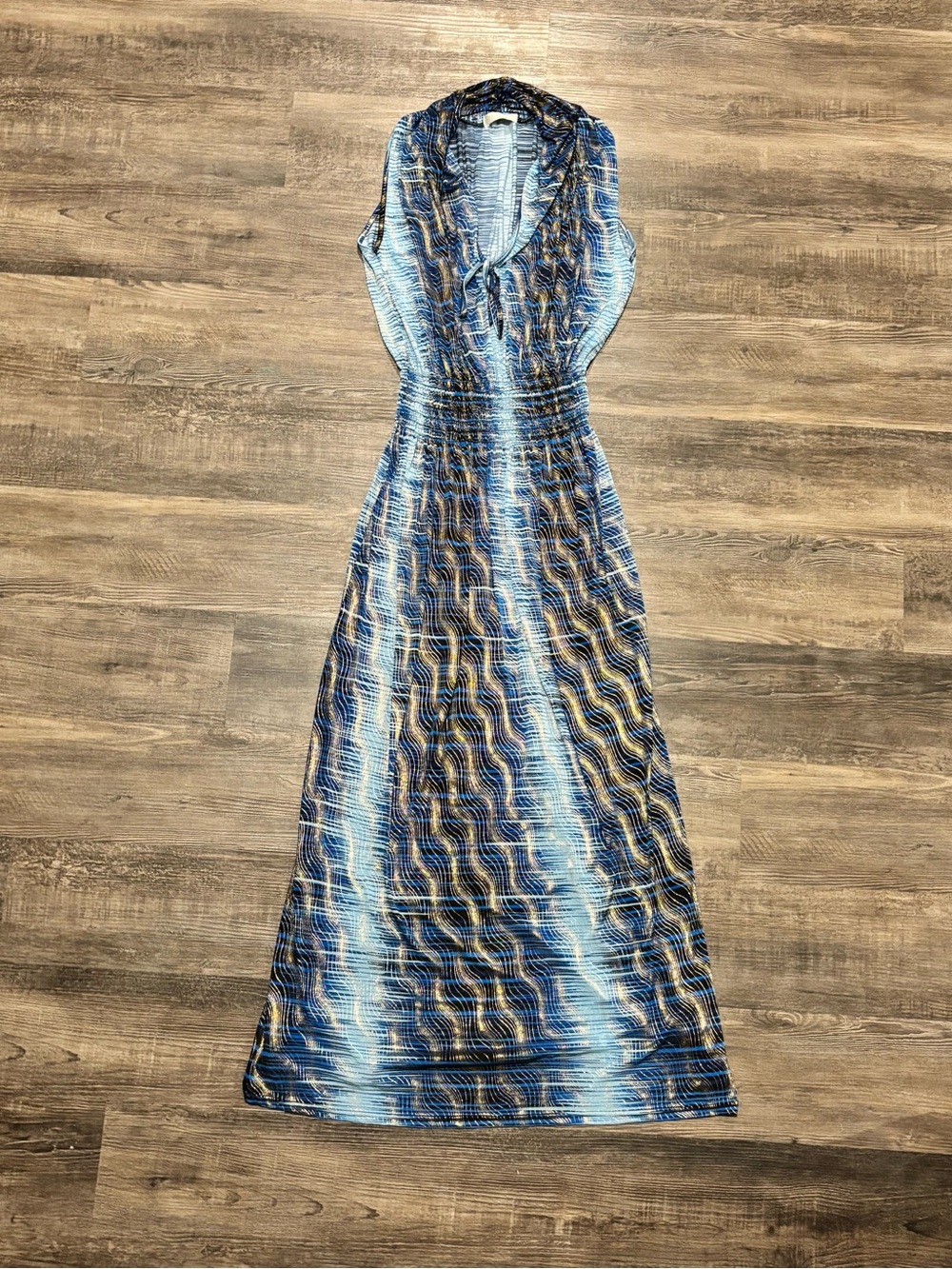 Blue Multi-Stripe V-Neck Maxi Dress